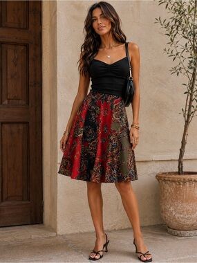 CHICO’S Flared Skirt Silk Paisley Boho Artsy Knee Length Colorful women's size 3